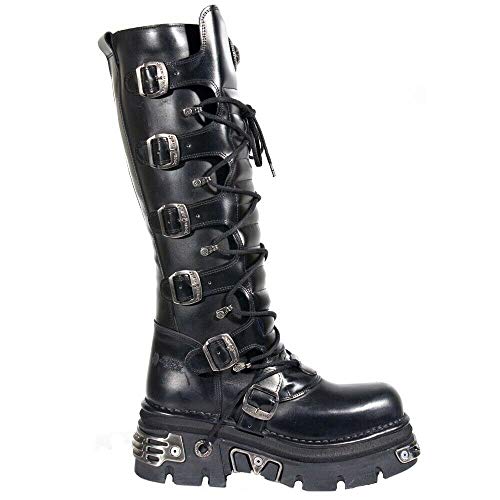 New Rock 272-S1 - Botas altas negras de piel con cremallera, hebillas y detalles metálicos de estilo gótico, unisex, color Negro, talla 38 EU