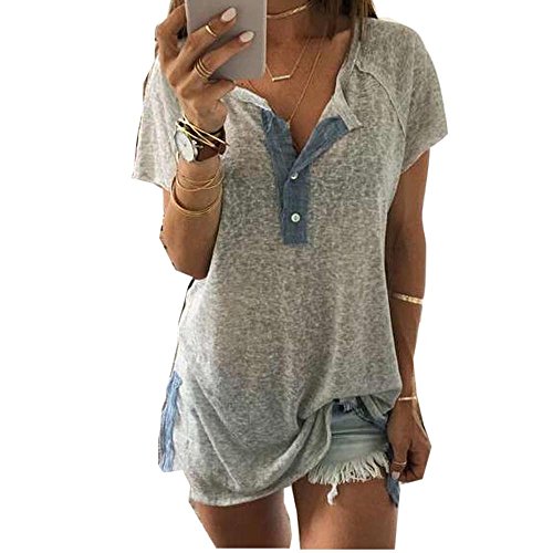 NPSJYQ Camiseta De Manga Corta para Mujer Blusa Casual Abotonada con Abertura Alta Camisetas Sin Mangas Camisa Elegante Suelta De Gran TamañO Camisetas CóModas De Verano (Gris, 2XL)