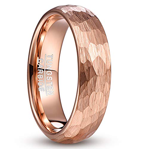 NUNCAD Anillo Mujer Oro Rosa 6mm de Ancho con diseño Martillado, Anillo de tungsteno para Boda, Compromiso, Todos los días y de Placer, tamaño 57 (18,1mm)