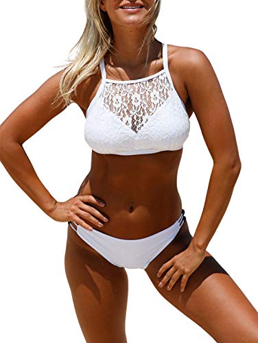 Ocean Plus Mujer Cordón Cuello Alto Bikini Malla Conjunto Camiseta sin Mangas Ropa de Playa Dos Piezas Tankini (L (EU 36-38), X-Back Blanca)