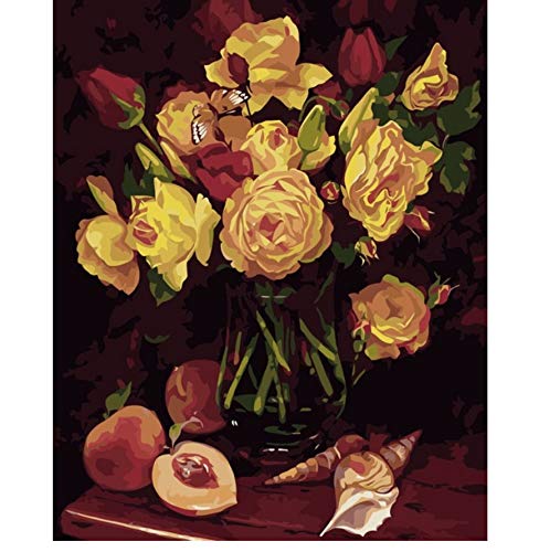 OKOUNOKO Yellow Rose Peach Still Life DIY Oil Painting by Numbers Europe Decoration Artwork Canvas Painting For Living Room Sin Marco 40X50Cm