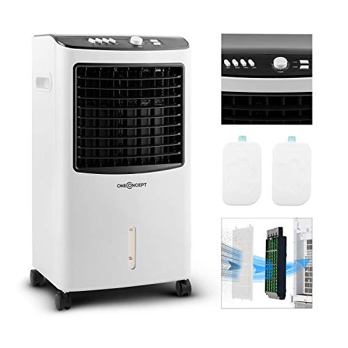 oneConcept MCH-2 V2 - Ventilador 3-en-1 portátil, Enfriador de aire, Humidificador, Tanque 7 L, 360 m³/h, 65 W, 2 baterías de refrigeración, Oscilación horizontal, Temporizador, Blanco seda