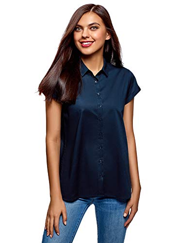 oodji Ultra Mujer Camisa Recta de Manga Corta, Azul, ES 36 / XS