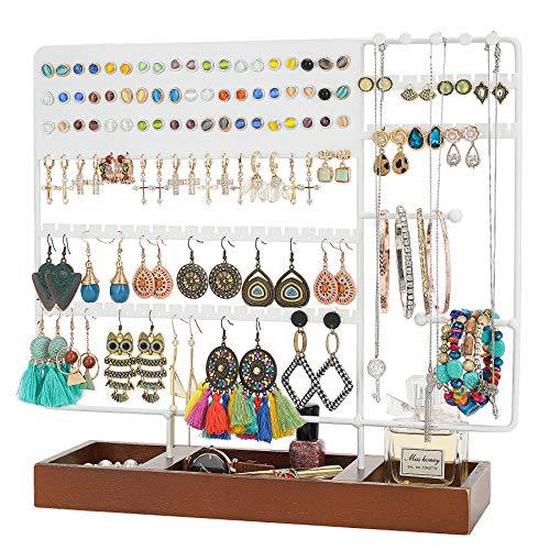 Optyuwah - Soporte para joyas, soporte multifunción para pendientes, soporte de madera, para collares, anillos, pulseras, relojes, pendientes y más (color blanco)