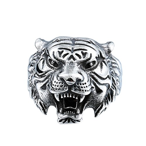 PAMTIER Hombres Acero Inoxidable Vendimia Gótico Biker Tigre Cabeza Ring Band Animal Diseño Negro Plata Tamaño 19