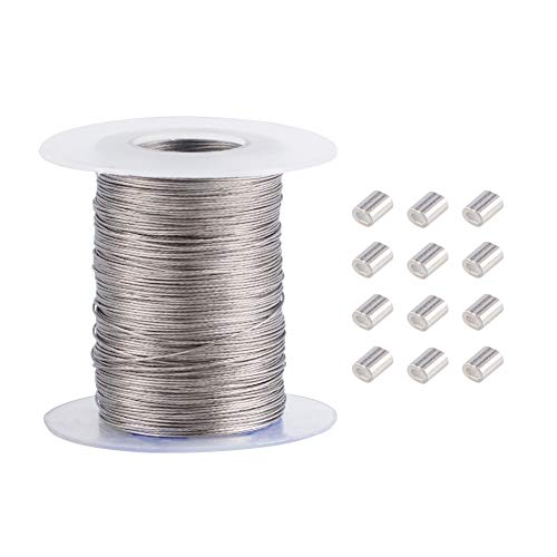 PandaHall Alrededor de 100 m/rollo de 0,5 mm de alambre para colgar fotos, de acero inoxidable 304 con 30 piezas de aluminio engarzado en bucle para marcos de espejos