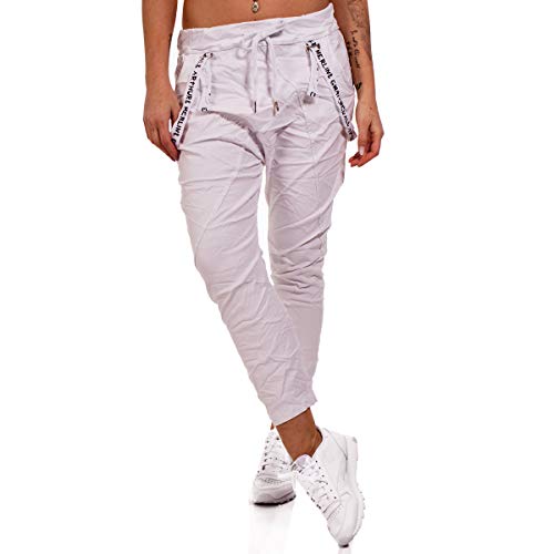 Pantalones de jogging para mujer con tirantes, aspecto desgastado, para tiempo libre o deporte Blanco Talla única