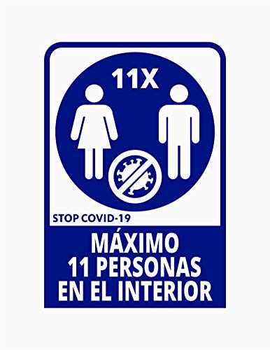 Pegatina Máximo 11 personas en el interior, 19.5 x 29cm, Prevención COVID-19, diseñado para empresas, como medida de protección contra el Coronavirus - Cartel prevención (Azul Oscuro)