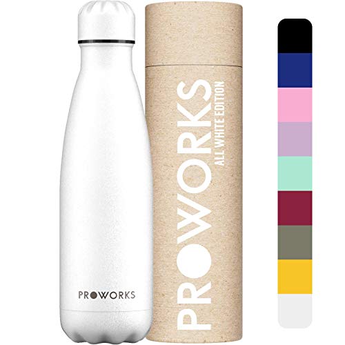 Proworks Botellas de Agua Deportiva de Acero Inoxidable | Cantimplora Termo con Doble Aislamiento para 12 Horas de Bebida Caliente y 24 Horas de Bebida Fría - Libre de BPA - 750ml – Todo Blanco