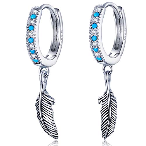 Qings Pendientes De Aro Con Colgante De Pluma, Plata de Ley 925 Pendientes de Mujer de Circonita Cúbica con Turquesa Azul, Regalo de Joyería para Niñas Compromiso de Boda