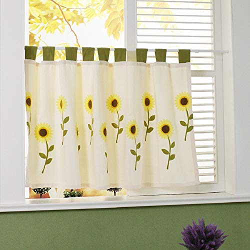 Qucover Cortina Corta,Cortina Media Ventana Estilo Rural Moderna Beige Girasol con Trabillas 150cm Anchura *80cm Altura de Algodón y Lino para Cocina balcón, Sala de Estar y Comedor