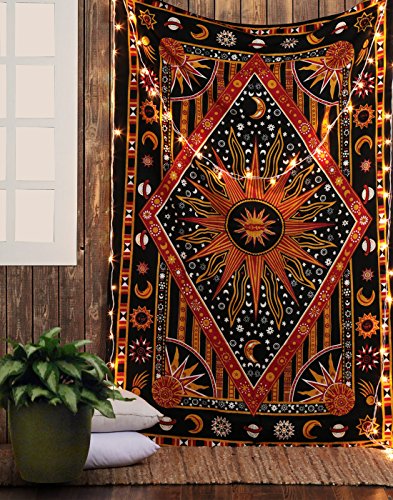 RAJRANG BRINGING RAJASTHAN TO YOU Tapiz Sol y Luna - Wall Tapestry Mandala Pared Decoracion Algodon Sheets Curtains Tapices Hippie Bohemio Arte Decorativo Toalla de Playa - Naranja - 213 x 137 cm