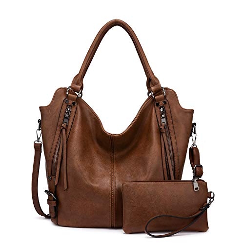 Realer Bolsos de Mujer Hobo Casual Grande Bolso Bandolera Polipiel Bolso Tote Bolso de Hombro Shopper Bolso de Cuero Sintetico Monedero Carteras 2pcs Marrón Claro