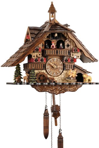 Reloj de cuco, madera real, mecanismo de cuarzo a batería, llamada de cuco musical Eble, casa de la Selva Negra, 41 cm, 20688