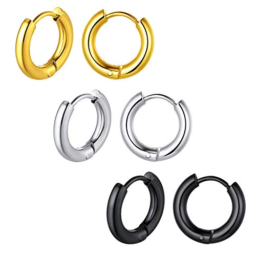 Richsteel 3 Pares Pendientes colgantes aro pequeños de acero inoxidable para hombres mujeres Pendientes Plateado Negro Oro con caja de regalo