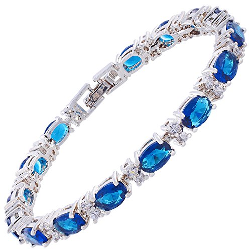 Rizilia Eternidad Tenis Pulsera [18cm/7inch] con Corte Oval Piedras Preciosas Circonita CZ [Zafiro Azul] en 18K Chapado en Oro Blanco, Elegancia Moderna Sencillo