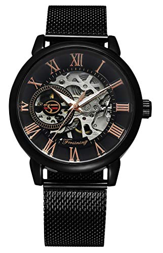 RSVOM Relojes de Pulsera para Hombre, Analógico Mecánico Automático con Banda de Malla de Acero Inoxidable, Reloj de Pulsera de Mano Esqueleto para Hombres Negro