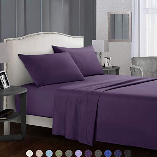 SaDiao Juego de Ropa de Cama de 4 Piezas, Suave Microfibra cepillada, Bolsillos Profundos con sábana Bajera, Hoja Plana con 2 Fundas de Almohada, Pliegues, Antimanchas (137cm×190cm, Morado)