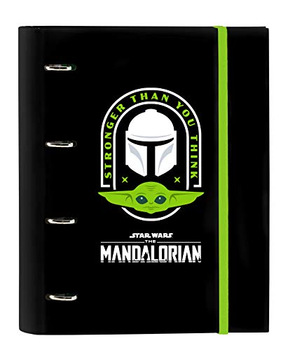 Safta- The Mandalorian Carpeta 4 Anillas de 30mm, Color Negra/Verde flúor, 320x140x440 mm (512041666)