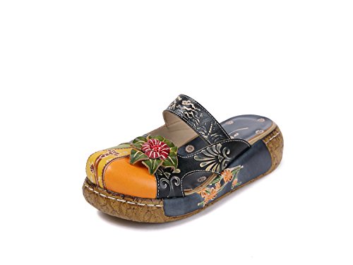 Sandalias de Mujer, Popoti Sandalias de Cuero Zapatillas Mocasines Chanclas de Verano Zapatillas de Flores Vintage Zapatillas de Chanclas Tacón De Cuña de Playa 2018 Nuevo-Azul 40