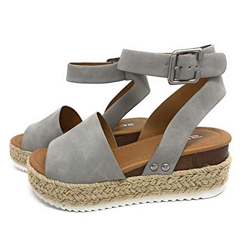 Sandalias Mujer Verano 2031 cáñamo Fondo Grueso Sandalias Punta Abierta Cuero Fondo Plano Zapatos Bohemias Romanas Hebilla Zapatillas