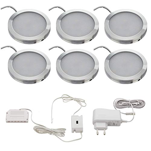 SEBSON® 6x LED bajo mueble empotrable, regulable sin contacto, sensor de infrarrojos, LED bajo gabinete, Blanco cálido 3000K, ronda, 6x 2W, 130lm