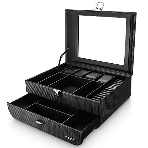 Seelux Caja para relojes, Organizador de Relojes para Hombre, Exhibición de Gafa, Porta Gafas y Joyas, 2 Capas Estuche Relojes, Bloqueable Negro