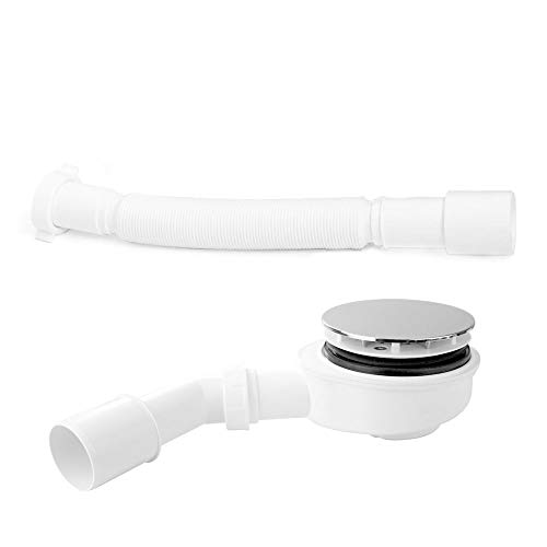 Set AQUABAD® para plato de ducha: juego de desagüe extraplano en cromo con Ø 90 mm + sifón curvo + tubo flexible
