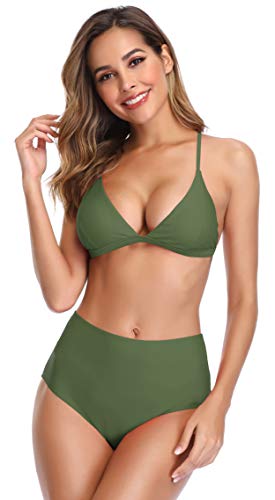 SHEKINI Copa Dividida en triángulo para Mujer Bikini Ajustable Cintura Alta Impreso Briefs Flores Hojas Traje de baño (XL, Verde Oliva)