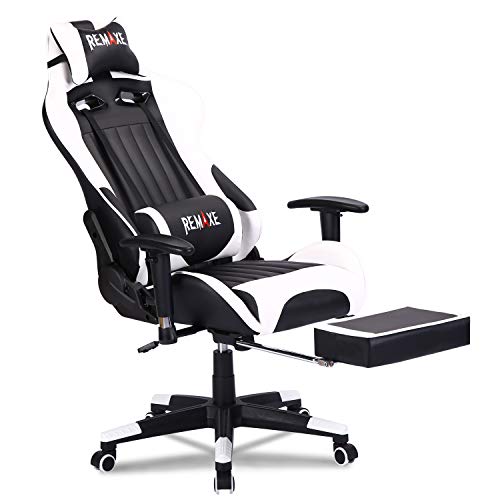 Silla ergonómica para juegos con reposacabezas y soporte lumbar para masaje, altura ajustable en altura, con reposapiés retráctil. Silla reclinable de cuero para oficina ejecutiva