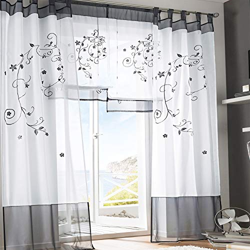 SIMPVALE - Juego de 2 Cortinas Bordadas con Trabillas Ancho 140 cm, Poliéster, Gris, Altura 145cm