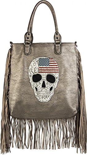 styleBREAKER Bolso de Mano con diseño de EE. UU, Calavera, estrás Negro y deshilachados Largos, Bolso de Bandolera, señora 02012064, Color:Oro Antiguo