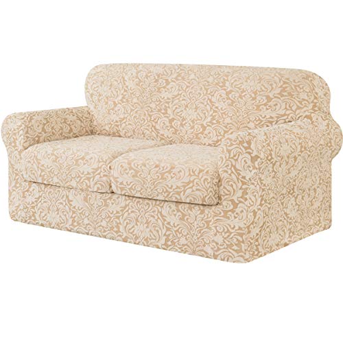 subrtex 2 Plazas Jacquard Funda de Sofá de con 2 Cojines de Asiento Separados de Alta Elasticidad para Sillón Anti Arañazos Protector de Muebles Lavables (2 Plazas, Patrón Beige)