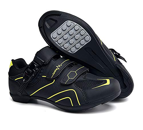 tangjiu Zapatillas de Ciclismo Antideslizantes, Zapatillas de Bicicleta de Carretera y Montaña de Fibra de Carbono Transpirables, Zapatillas Deportivas Asistidas con Tiras Reflectantes (Amarillo,43)