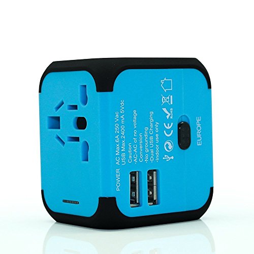 TBS®2308 AC Adaptador De Viaje Universal para enchufes + 2 puertos USB 2,4 A - externa fusible –Smart- para teléfonos, tabletas, ordenador cualquier dispositivo - UE UK USA AUS más de 150 países