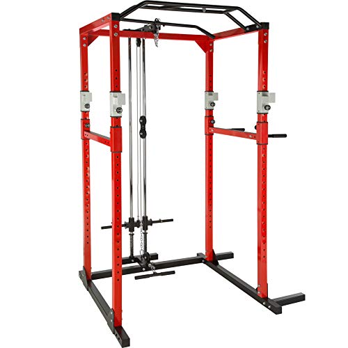 TecTake Multiestación de Fitness para Entrenamiento | 2 puntales de Seguridad macizos | Poleas para Barras de Flexiones Inferiores y Superiores Modelos (Rojo Negro Lat | No. 402738)