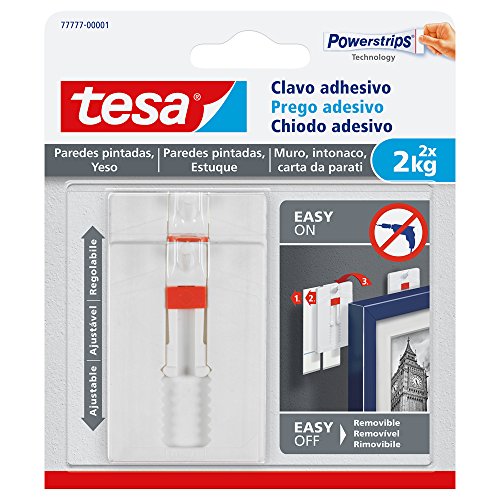 tesa TE77777-00001-00 Sms Clavo Adhesivo Ajustable Hasta 2Kg para Pared Pintada, Standard, Única, Set de 2 Piezas