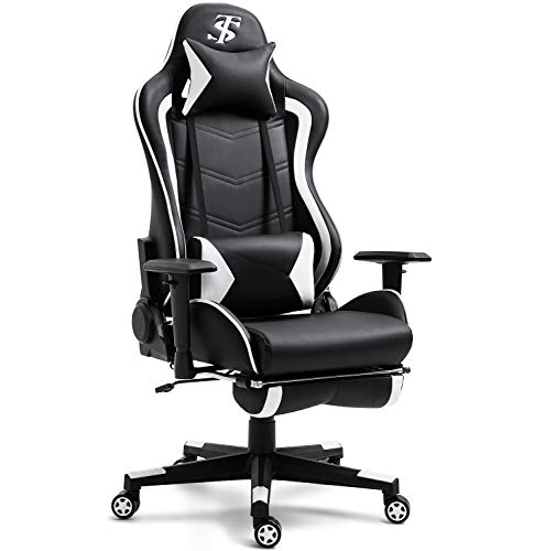 TIANSHU Silla Gaming Silla de Computadora Silla de Juego Ergonómico Silla de Juego Reposabrazos Ajustable con Reposapiés Retráctil,Estilo Carreras,Silla de Gaming Silla Gamer,Blanco