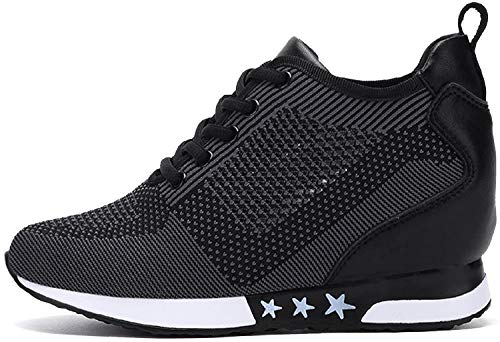 TQGOLD Zapatillas de Deporte Zapatillas Altas para Mujer Tacón Cuña 8CM (Negro,39 EU)