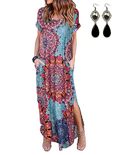 UUAISSO Vestidos Mujer Maxi Vestido Mangas Cortas Boho Verano Playa Vestidos Cóctel Fiesta, Azul Pavo Real S