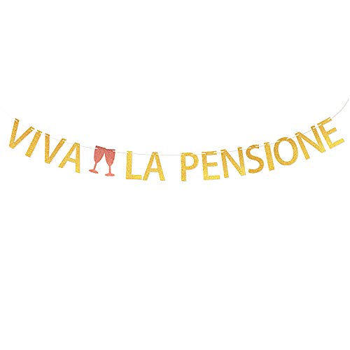 VINFUTUR Banner Jubilación Banderín con Palabaras Italianas VIVA LA PENSIONE de Papel en Color Dorado Artículos para Decoración Fiesta Photocall