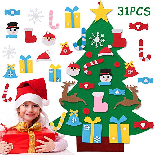 VZATT Árbol de Navidad de Fieltro, Árbol Navidad Fieltro DIY con 31 Ornamentos Desmontables El árbol de Navidad de 3.3ft para Niños Regalos Navideños, Decoración de Navidad para Puertas del Hogar