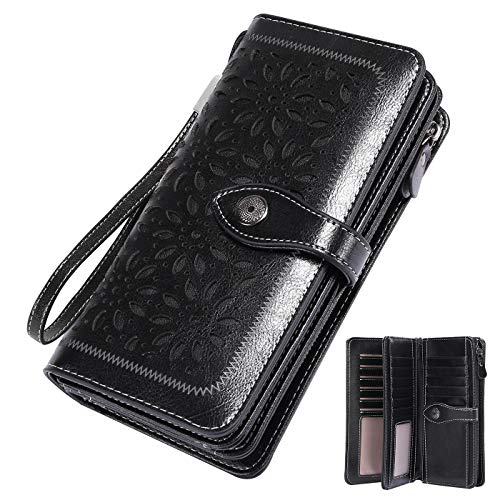 WACCET Carteras Piel Mujer RFID Carteras Mujer con Cremallera Bolsillo & 26 Ranuras para Tarjetas, Billeteras Mujer Grand con Muchos Bolsillos, Carteras Largo Mujer XXL con Caja de Regalo (Negro)