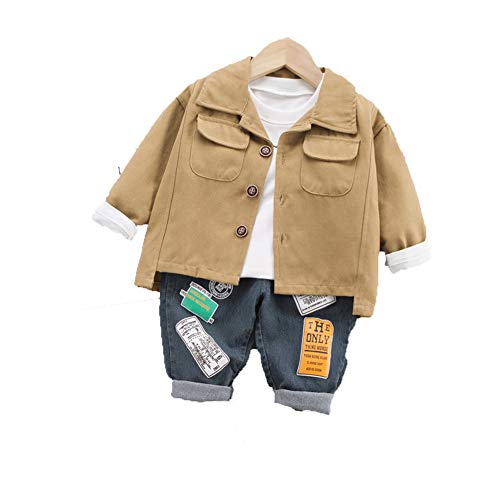 WangsCanis Conjunto de 3 piezas de otoño para niño, jersey de manga larga + chaqueta con botones + pantalones vaqueros Caqui. 90 cm