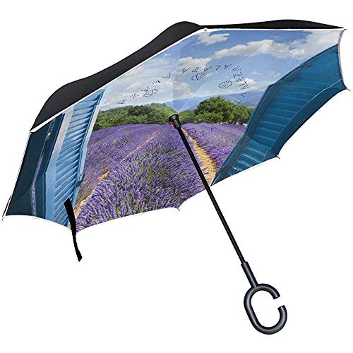 Wheatleya Paraguas Campo de Lavanda Cielo Azul Persianas de Madera Paraguas Plegable inverso Lluvia UV a Prueba de Viento con Mango en Forma de C