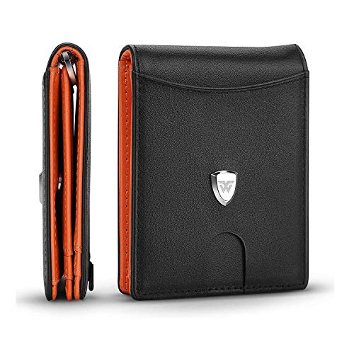 wilbest® Carteras Hombre con Monedero, Cartera RFID, Billetera de Hombre de Piel - Bloque 13.56 MHz, Externo Correa de Tracción Inteligente, Clip de Dinero Antideslizante, Negro Naranja