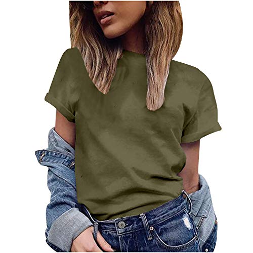 Womteam Moda O-cuello superior para mujer casual manga corta blusa sólida O-cuello Tops señoras camiseta deporte blusa