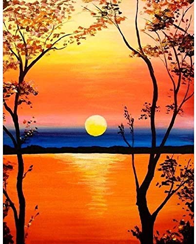 XINRANFF Pintar por numeros para Adultos - Cuadro de Pinturas por numeros con Pinceles y Colores Brillantes - Dibujos Lienzos por numeros，Puesta de Sol（Sin Marco 40 * 50cm）