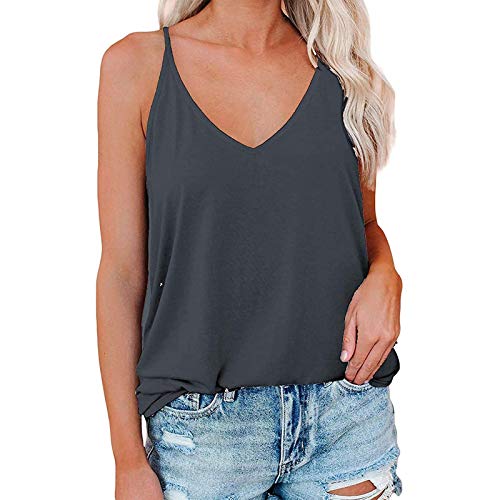 YANFANG Camiseta sin Mangas para Mujer, Moda Mujer Sexy Color sólido Suelto con Cuello en v Ajustable Camisola Tops,Túnica Casual Elegante Tops Rayas T-Shirt,, XXL,Dark Gray