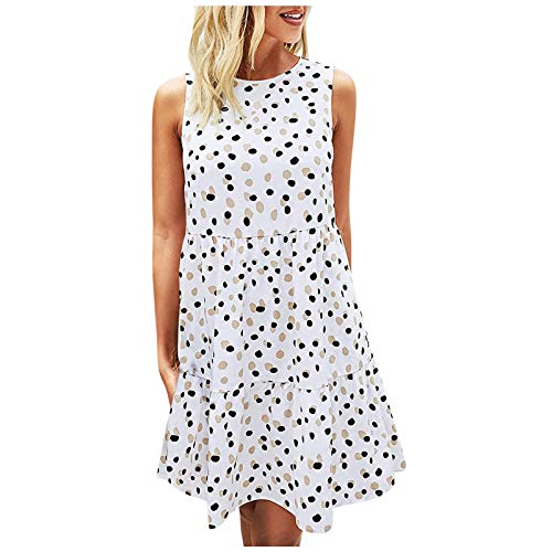 YANFANG Vestido de Camiseta sin Mangas con Estampado de Puntos de Verano para Mujer con Bolsillos,Primavera Verano Ropa para Fiesta en La Playa,White,S